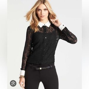 Ann Taylor Black Lace Blouse with White Collar